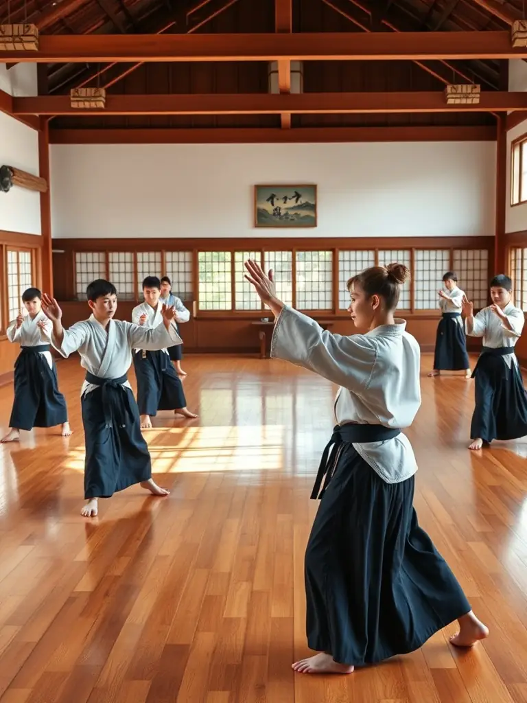 A group of aikido students of varying ages practicing a synchronized movement in a dojo, demonstrating the harmony and coordination taught in SANFLORAINE D' AIKIDO's classes.