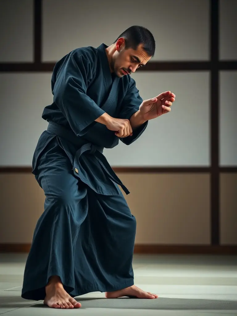 A focused image of an Aikido practitioner demonstrating a smooth, flowing movement, highlighting the grace and efficiency of the technique.
