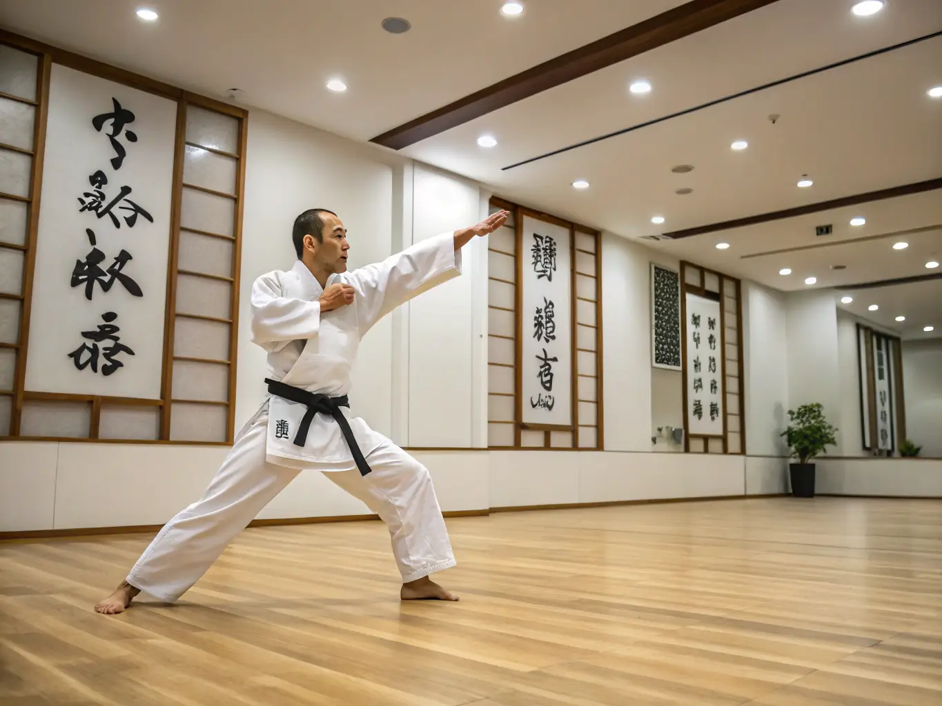 A SANFLORAINE D' AIKIDO instructor demonstrating a precise Aikido movement, emphasizing the mental focus and control required for effective technique execution.