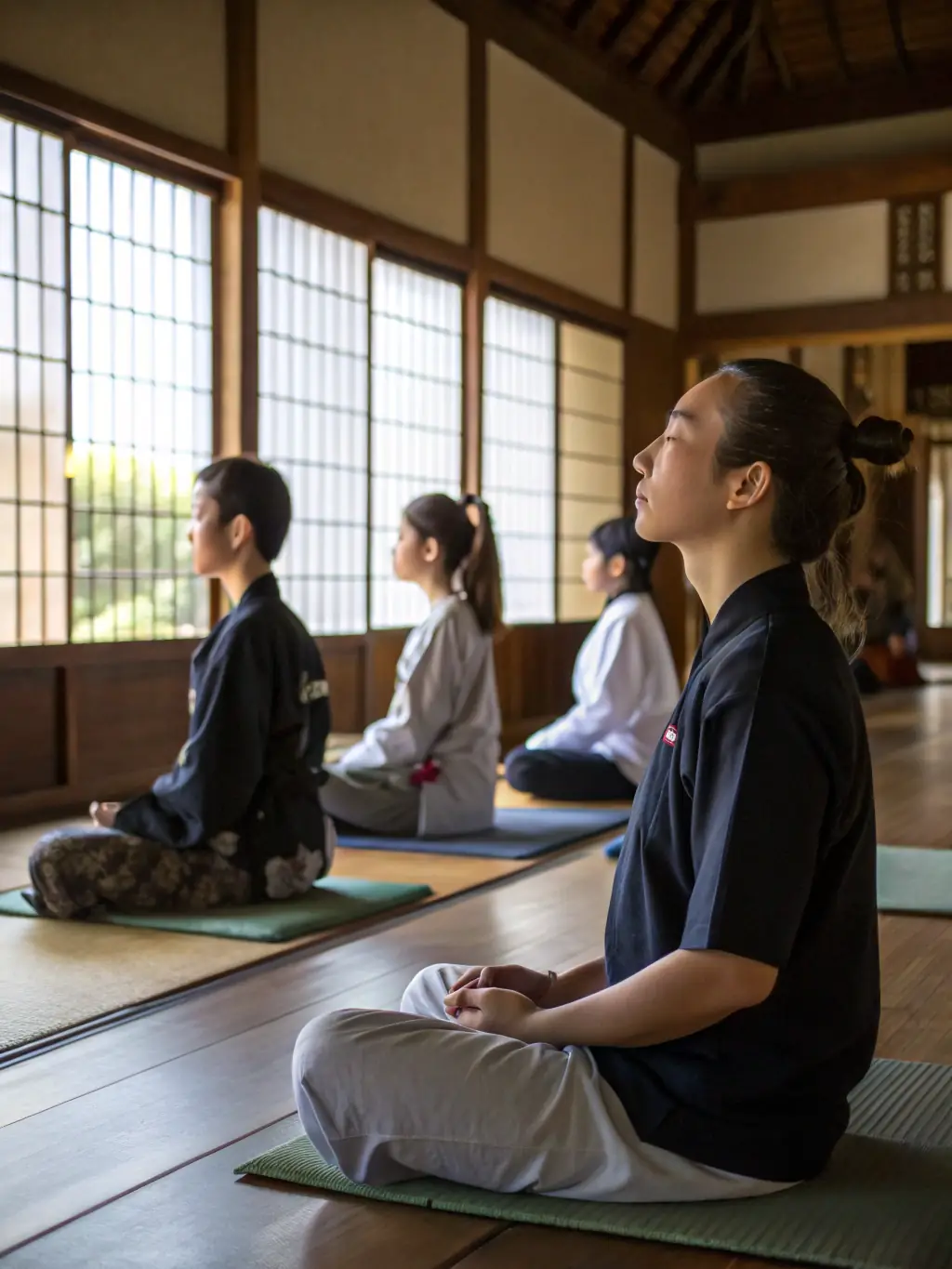 A serene image of Aikido practitioners meditating or performing a mindful exercise, emphasizing the mental discipline aspect of the art.