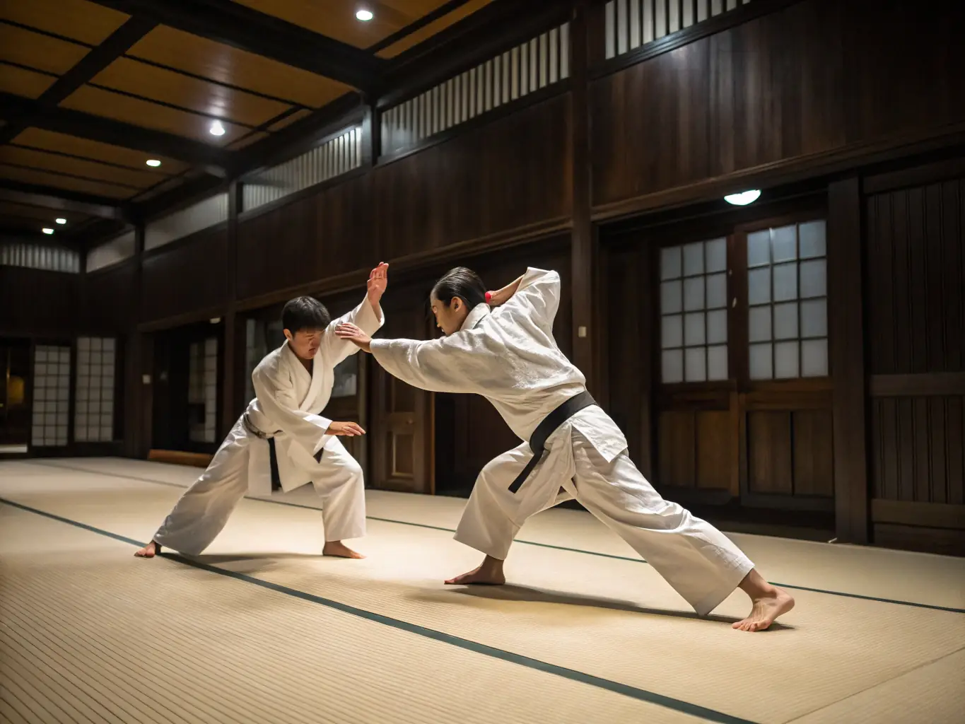 A group of aikido students practicing a synchronized movement during a training session at SANFLORAINE D' AIKIDO, showcasing their discipline and coordination.