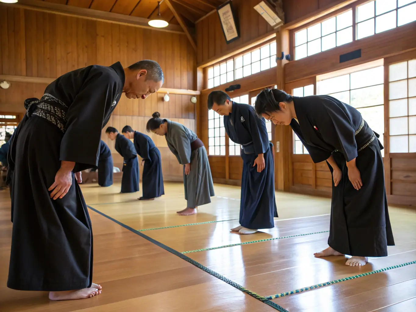 A group of SANFLORAINE D' AIKIDO practitioners bowing respectfully to each other after a training session, highlighting the emphasis on respect and community within the martial art.