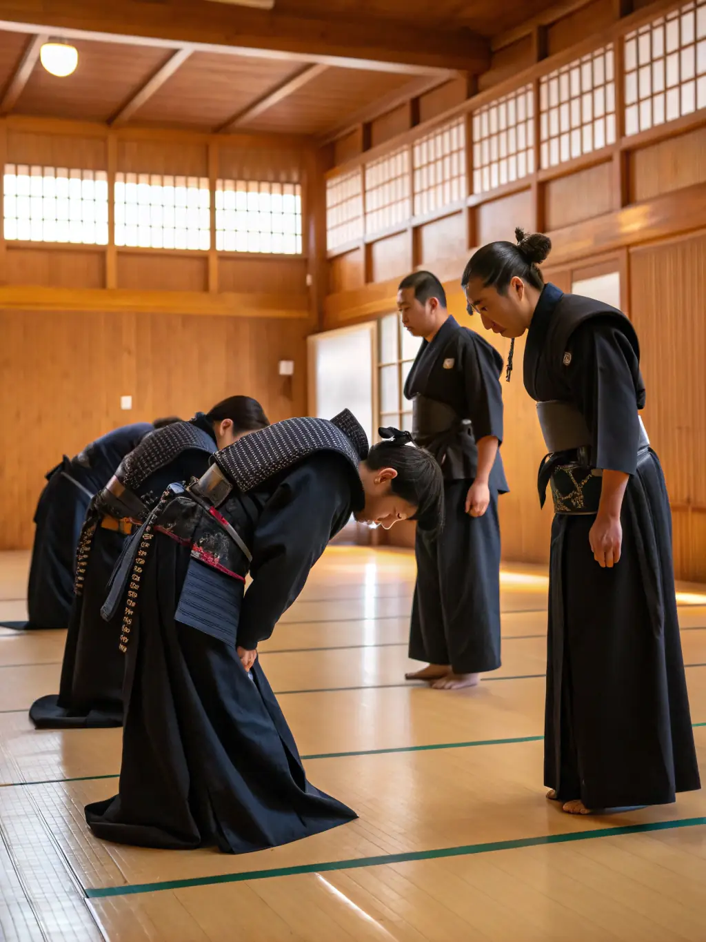 A group of Aikido students bowing to each other, showing respect and camaraderie in the dojo.