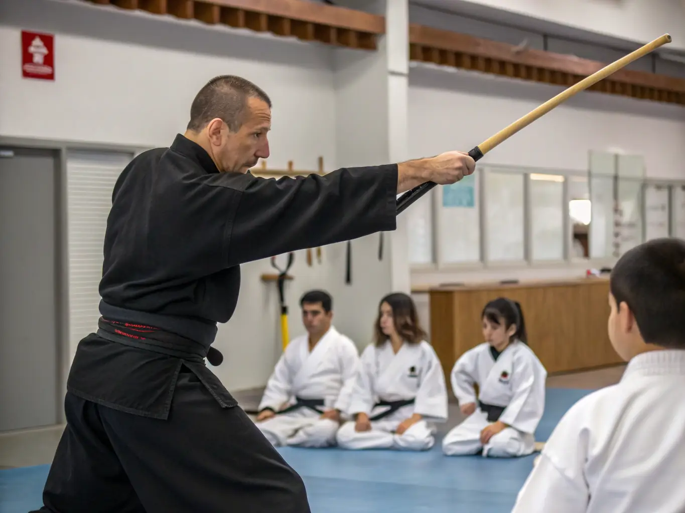 An image of an Aikido instructor demonstrating a technique to a student at SANFLORAINE D' AIKIDO, emphasizing the importance of precise movements and control.