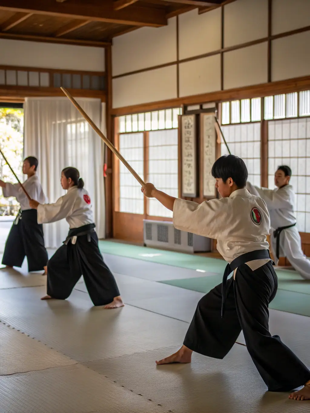 A photo of students participating in a weapons training session, showcasing the use of traditional Aikido weapons.