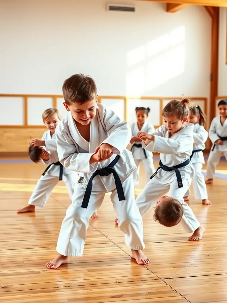A photo of children practicing Aikido techniques in a dojo, focusing on their focused expressions and the guidance of the instructor.