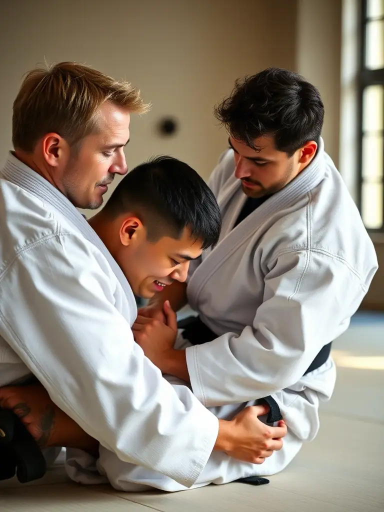 A close-up shot of an instructor demonstrating a precise aikido technique to a student, emphasizing the attention to detail and personalized guidance provided at SANFLORAINE D' AIKIDO.