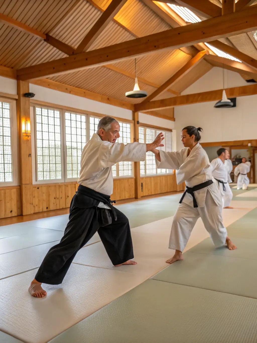 A dynamic shot of adults practicing Aikido, showcasing the fluidity and power of the movements.