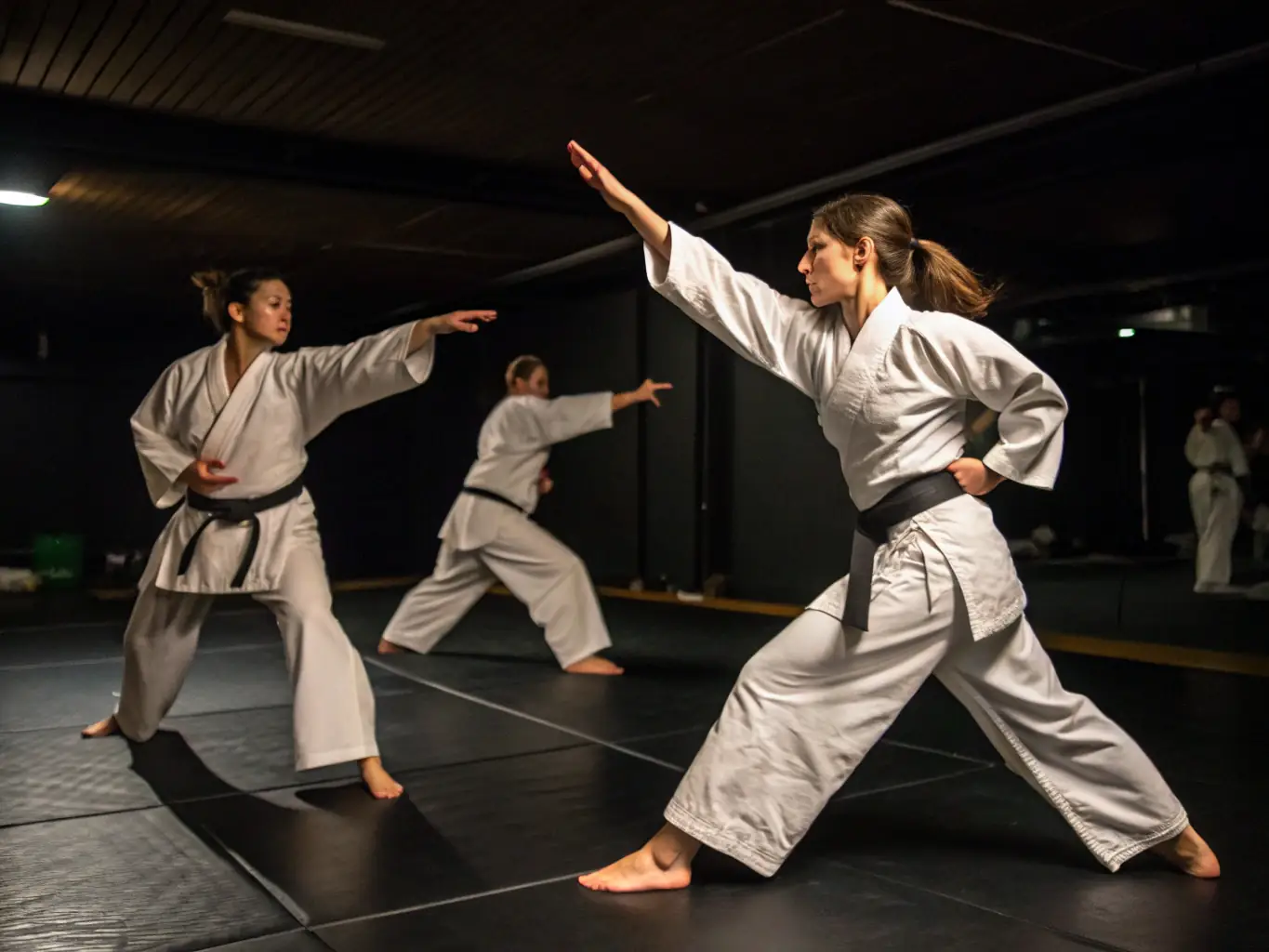 A diverse group of SANFLORAINE D' AIKIDO students practicing a flowing Aikido technique in a well-lit dojo, showcasing the harmony and coordination involved in the martial art.
